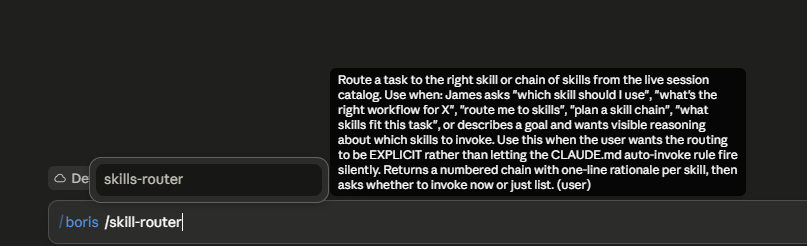The /skill-router slash command and its description inside Claude Code